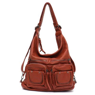 China Large Arched Shoulder Strap Soft Casual Women Bags Functional Girl School Backpack PU Leather Lady Bags Multi Pockets Messenger&Shoulder Bag for sale