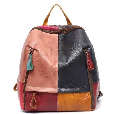 China Everyday Backpacks Vintage Patchwork Real Leather Women Backpacks Travel Shoulder Bags School Pack Color Plaid Retro Functional Pockets Rucksack for sale