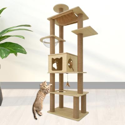 China PNB Large Wooden Cat House Tower Cat Tree Sisal Scratching Post Condo Wall Mount Shelf Viable Free Samples New Design for sale