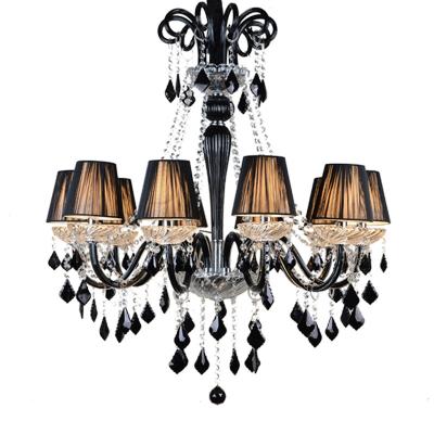 China Long Chandelier European Black Crystal Chandelier European Church Villa Home With White Lampshade Decorative Lighting for sale