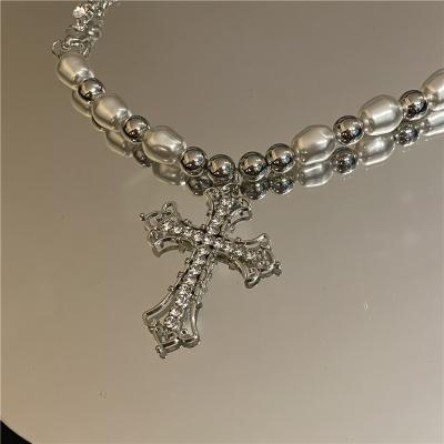 China TRENDY Punk Retro Minimalist Cross Pearl Cross Hip Clavicle Chain Clavicle Chain Lady Pendant Silver Charm for sale