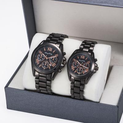 China New Couples Day/Date Couples Alloy Steel Band Watch Roman Numeral Time Calendar Quartz Watch for sale