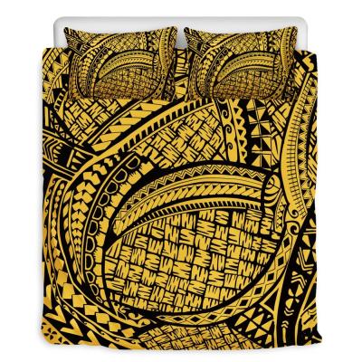 China Samoa Anti-Static Polynesian Tribal Wave Yellow Printed Bedspread Duvet Cover With 2 Pillowcases Customized 3Pcs Bedding Set With Photo King for sale