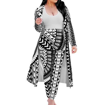 China Hot Sale Viable Black And White Tribal Print Polynesian Stripes For Lovers Custom Made 2 Piece Women's Cape Pant Suit Cardigan Kimon for sale