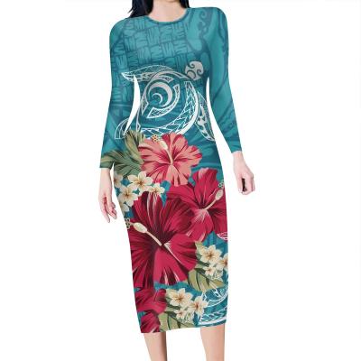 China Anti-Static 2021 Women Dress Tender Polynesian Tribal Designs Print Latest Dress Bodycon Floral Crewneck Long Dress Elegant Casual for sale