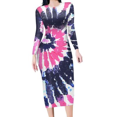 China Customized Anti-Static Logo Dress Tie Dye Printing Winter Fall Women Clothing 2021 Winter Dresses Women Sheath Long Dress Women Fashion Luxury for sale