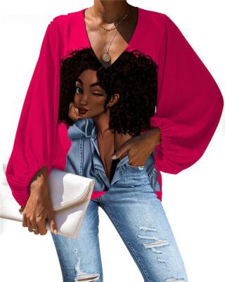 China Rose Red Lady Soft Black Art American African Girl Printed Anti-pilling Chiffon Blouses Shirt Oversized Shirt Custom Made Women Clothing Promotional for sale