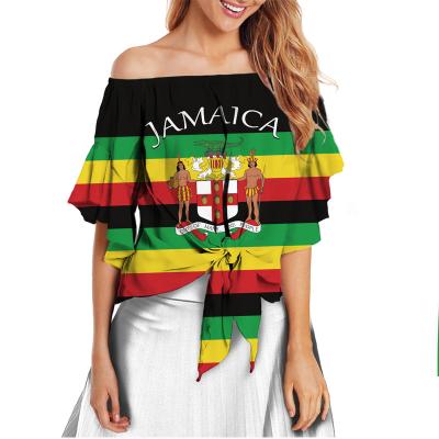 China Jamaica National Flag Letter Anti-Pilling Rasta Raggae Woman Clothes 2021 Summer Sexy Bow Tie Front Shirts For Women Chiffon Tops for sale