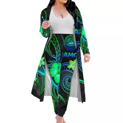 China Hibiscus Print Polynesian Green Anti-wrinkle Dropshipping Robe Stripe Kimono Cape Pants 2 Piece Print Tribal Costume Women Dress for sale