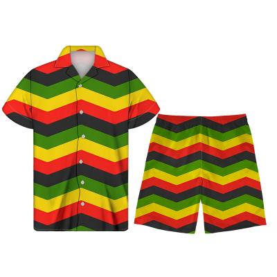 China QUICK DRY Jamaica Rasta Reggae Green/Yellow/Red Lines Pattern Plus Size Shirts Mens Stylish Shirt And Designer Beach Pants Set For Men for sale