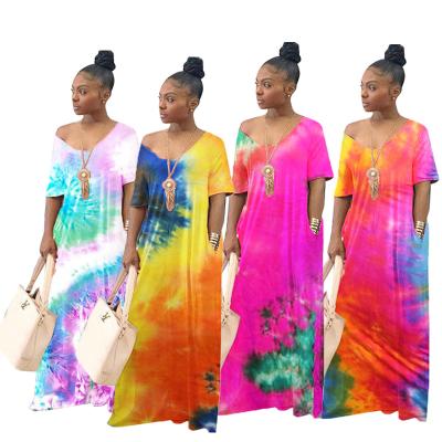 China Wholesale Breathable Amazon 2021 Hot Summer Colorful Tie Dye Fashion Multicolor Loose Dress Casual Dress Women Dress for sale