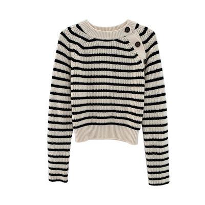 China 2021 Wholesale Amazon Autumn New Retro Contrast Striped Anti-wrinkle button sweaters knit cardigan round neck slim wool short thin knit top for sale