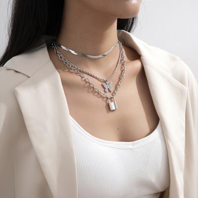 China X01161 18k FASHIONABLE Gold Plated Necklace Heart Lock Multi Layered Layered 3 Layered Necklace Clasp Butterfly Choker Cuban Necklace for sale