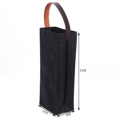 China Custom Made Eco-friendly Black Brown Stand Wine Bag Wine Logo Kraft Paper Wine Bottle Gift Bag Washable Bag for sale