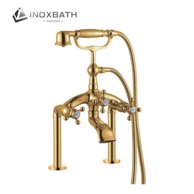 China Modern American Multifunctional Luxury Gold Floor Mount Tub Free Swept Thermostatic Bath Shower Mixer for sale