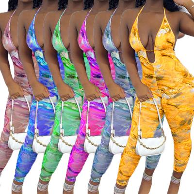 China Breathable Tie Dye Print Deep V-Neck Overalls Rompers 2020 Long Pants Sports Bodycon Jumpsuit Playsuit for sale