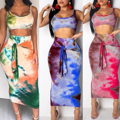 China Breathable Floral Print Two Pieces Womens Sets Crop Tank Top Tie Dye Long Dress Casual Outfit for sale