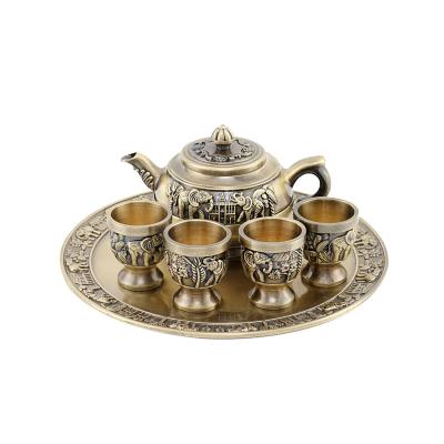 China Viable 6 Pieces Set Retro Tea Cup Tray Gift Set Alloy Combination European Style Bronze Tea Set Elephant Teapot for sale