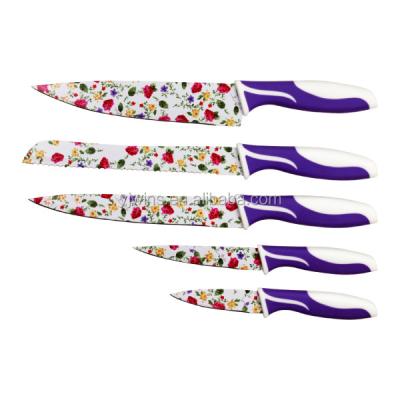 China 5pcs Flower Pattern Stainless Steel Kitchen Knife Viable Colorful Nonstick Coating Set for sale