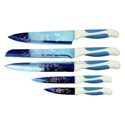 China Viable High Quality Blue Titanium Plated Blade With 5pcs Laser Flower Pattern Serving Cutting Knife Set For Kitchen for sale