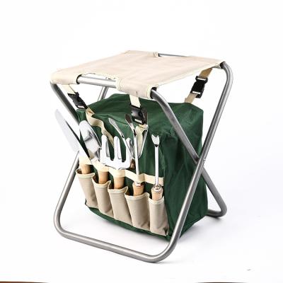 China Garden Foldable Stool With Tools Garden Shovel Fork Rake Wholesale Outdoor Adult Handheld Tool Kit for sale