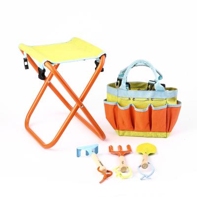 China OEM Factory Price Eco-friendly Kids Garden Shovel Rake Fork Folding Chair Tool Kit With Chair for sale