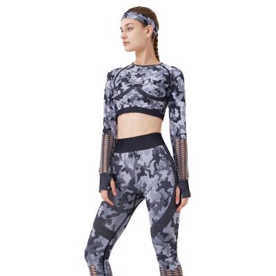 China Breathable Gym Fitness Clothing Camouflage Printed Yoga Pants And Crop Top Custom Women Logo Seamless Camo Yoga Set for sale