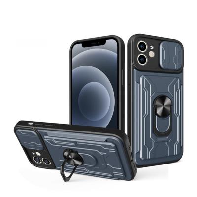 China New Design Finger Ring Phone Shockproof Cover For iPhone 12 Mini Pro Phone Case Magnetic Shockproof Cover Slide Card Slot Maximum Window Car for sale