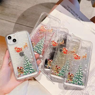 China Fanshion Popular Quicksand Phone Case For iPhone 13 Mini Pro Max Christmas Pattern Water Colorful Phone Cover Case For iPhone for sale