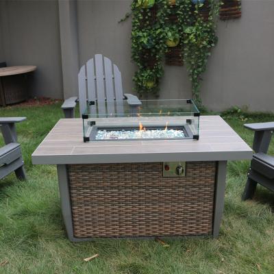 China Contemporary Outdoor Rectangle Garden Ratten Fireplace Furniture Gas Fire Pit Table for sale