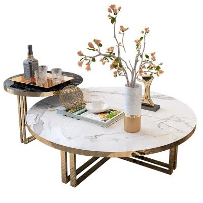 China Modern Hot Selling Gold Coffee Side Table Metal Frame Stainless Two Layers Round Marble Top Coffee Table For Living Room for sale