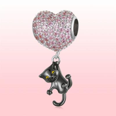 China TRENDY small Cat Gold Plated black S925 Sterling Silver Gold Zircon Charm Love Charms balloon for sale