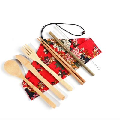 China Travel Sustainable Bamboo Utensils Set, Reusable Bamboo Utensil Fork Knife Spoon Chopsticks Straw Cleaning Brush for sale