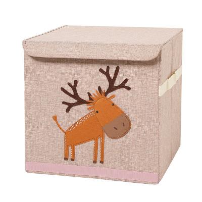 China Wholesale Viable Children's Toys Cartoon Animal Illustration Embroidered Cotton Canvas Cloth Storage Box for sale