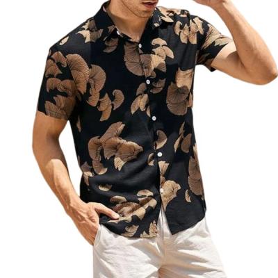 China Wholesale Summer Anti-pilling Men's Short Sleeve Button Shirts Black Casual Street Fashion Printed Shirts Beach Shirts for sale