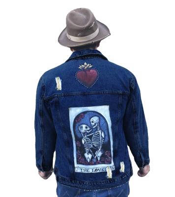 China Custom Wholesale Blue Breathable Jean Denim Jacket Oversize Distressed Embroidery Print Patches Jeans Jacket For Men for sale