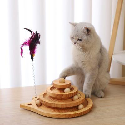 China Wholesale Viable Funny Interactive Turntable 3 Track Ball Cat Cat Level Toys Feathers for sale