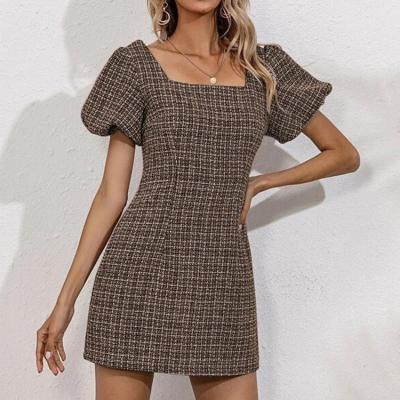 China 2022 newest design fashion plaid square collar blast viable sheath dress prettytittlething vintage superdry Mini Women line for sale