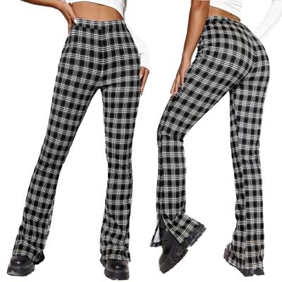 China Amazon Wholesale Autumn New Fashion Check Elastic Waist Straight Pants 2021 Anti-wrinkle Semi Split Loose Women Pants Slim Casual Trousers for sale