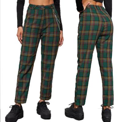 China Anti-Wrinkle Women Clothing Retail Tartan Plaid Trouser Chain Lady Pencil Pants for sale