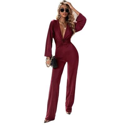 China 2022 Autumn Slim Waist Wide Collar Long Sleeve Overalls Women Elegant Loose Wide Leg One Piece Overalls QUICK DRY for sale