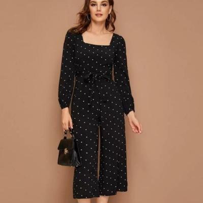 China Fall New QUICK DRY Arrival Women's Polka Dot Jumpsuits Elegant Casual Elegant Square Long Sleeve Bodycon Long Sleeve Black Polka Dot Overalls for sale