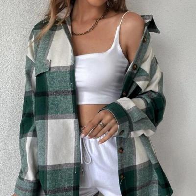 China Anti-wrinkle Latest Vintage Women Clothing Long Sleeve Tops Loose Pocket Button Up Plaid Coat for sale