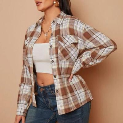 China Autumn 2021 Anti-Wrinkle Patch Short Pocket Long Sleeve Casual Jacket Plaid Blouse Plus Size Coat for sale