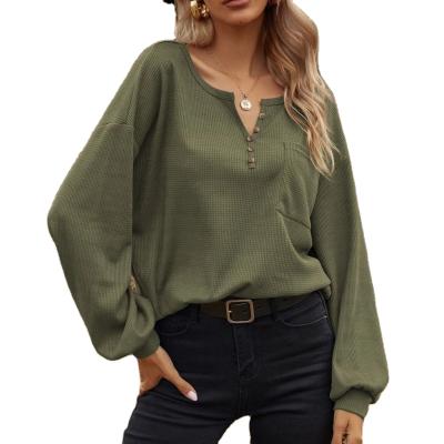 China Anti-pilling Women's Casual Waffle Tops Bat Sleeve Button Front Round Neck With Pocket Blouse for sale