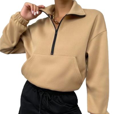 China Casual Anti-Wrinkle Long Sleeve Sportswear Plain Pocket Women Sweatshirt Kangaroo Pocket Drop Shoulder Half Zip Up Thermal Pullover for sale