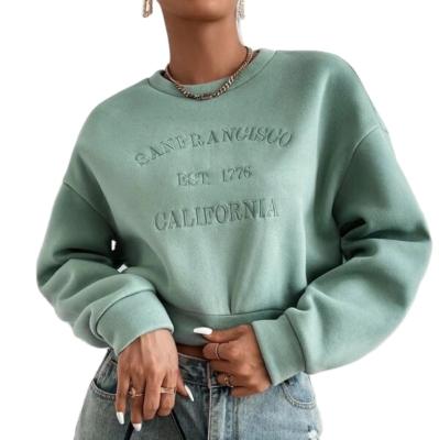 China Anti-Wrinkle Regular Fitted Long Sleeve Drop Shoulder Crop Embossed Pullover Sweatshirt Hoodie For Women for sale