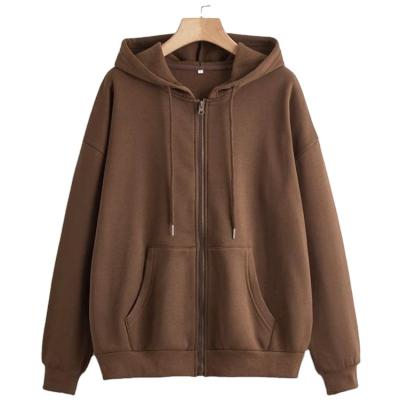 China Anti-Wrinkle Autumn Winter Classic Style Solid Drawstring Zipper Up Drop Shoulder Hoodie For Women for sale