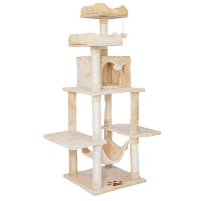 China Plush Kitten Wooden Houses Entertainment Scratching Post Tower Stable Sleek Platform Cat Tree for sale