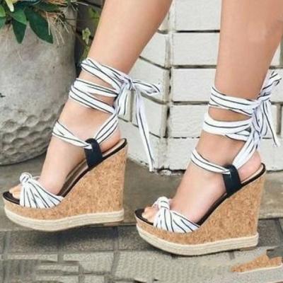 China CUSHIONING NEW Summer stripe size 35-42 women shoes wedges sandals cross-strap flock fashion platform heel sandals dress height increase for sale